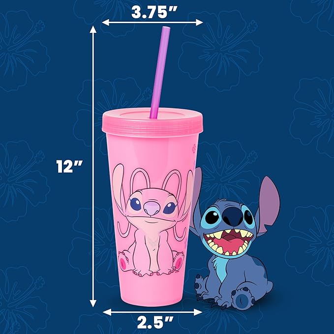 Silver Buffalo Disney Lilo and Stitch Angel Coconut Flowers 2 Pack Color Change Plastic Tumbler, 24-Ounce