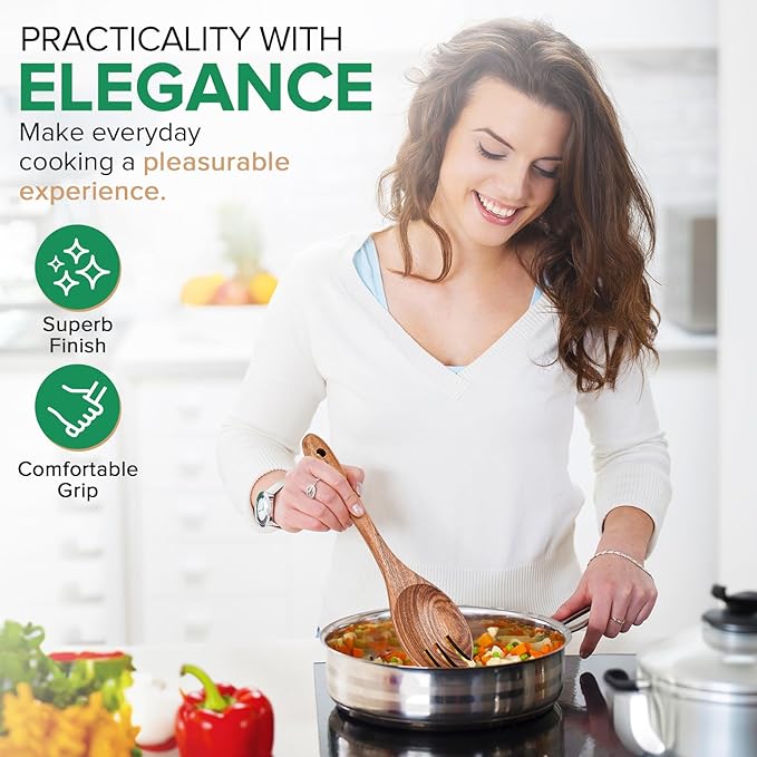 Wooden Spoons for Cooking, 2pcs Teak Salad Kit, Wooden Salad Servers, Wood Salad Serving Utensils Set, Wooden Salad Spoon Fork Set for Serving, Mixing, Tossing, Stirring,10.5″