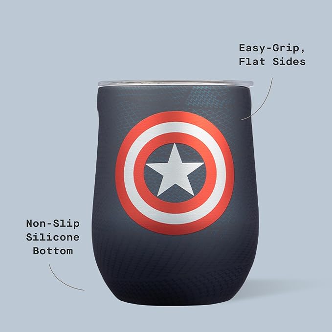 Corkcicle Stemless Insulated Wine Glass Tumbler - Keeps Beverages Cold 6 Hours & Hot 3 Hours - Stainless Steel - Easy-Grip - Summer Drinkware Gift - Keeps Drinks Ice Cold - 12 oz - Captain America