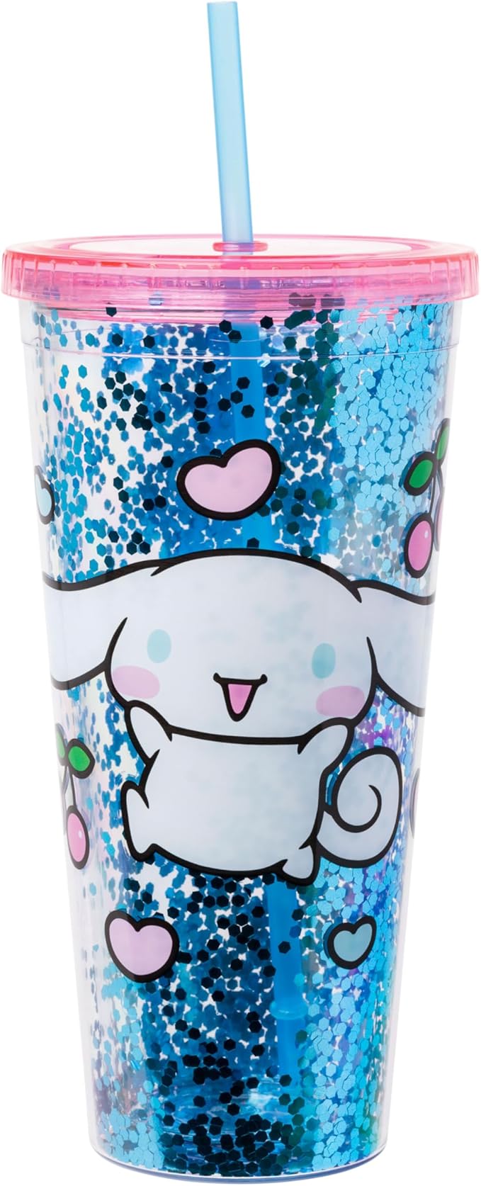 Silver Buffalo Sanrio Hello Kitty and Friends Cinnamoroll Hearts and Cherries Plastic Confetti Cold Cup with Lid and Straw, 32 Ounces
