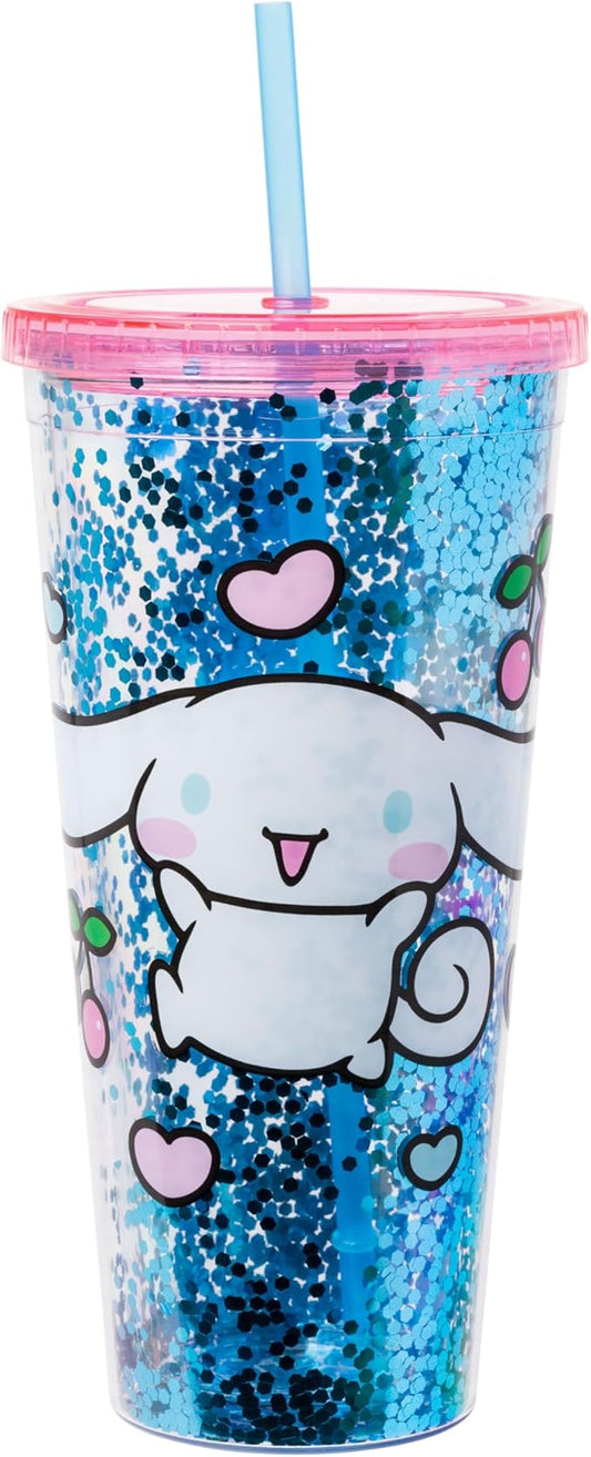 Silver Buffalo Sanrio Hello Kitty and Friends Cinnamoroll Hearts and Cherries Plastic Confetti Cold Cup with Lid and Straw, 32 Ounces