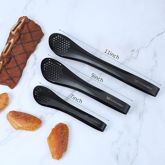 MSY BIGSUNNY Kitchen Buffet Tongs - Heavy Duty Food Serving Set for Cooking, BBQ - Metal Salad Tongs Set of 3 (Black 7" 9" & 11")