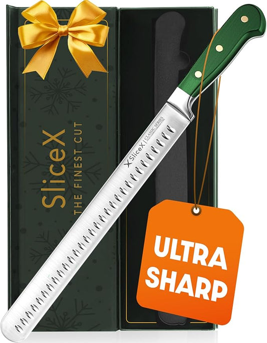 Classic Brisket Slicing Carving Knife – Gift for Dad From Wife, Son, Daughter - 12” Full Tang Meat Cutting and BBQ Knife – Razor Sharp German Steel with Ergonomic Handle - Green