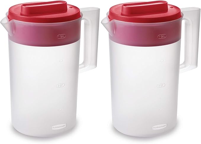 Rubbermaid 2-Piece Pitcher Set with 3 Position Pour Spout Lid for Water, Tea, and Drinks, Dishwasher Safe, 1-Gallon, Clear/Red