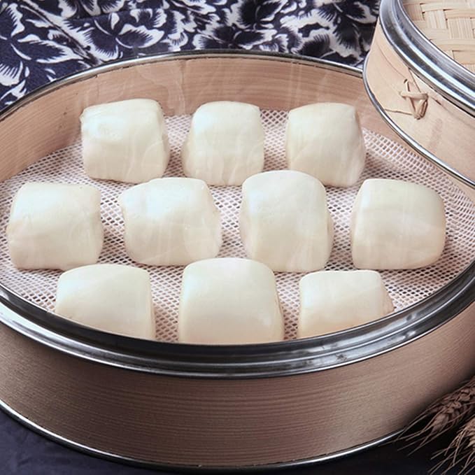 GUCUJI 12 Inch Silicone Bamboo Steamer Liners - Non-Stick, Reusable Steamer Mesh Mats for Steamed Buns, Dumplings, veggies, Dim Sum, Momo, Rice, and fish - Food Grade BPA Free (4Pcs)