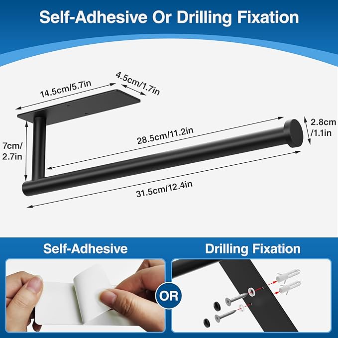 Paper Towel Holder - Self-Adhesive or Drilling, Matte Black Wall Mounted Rack - SUS304 Stainless Steel Kitchen Roll Dispenser Under Cabinet
