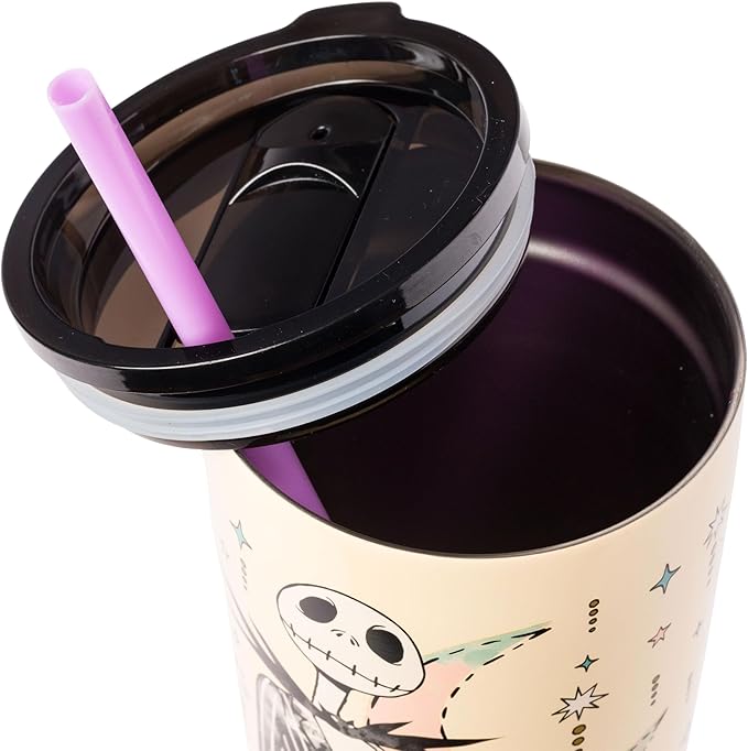 Silver Buffalo Disney Tim Burton's Nightmare Before Christmas “Forever and Always” Featuring Jack Skellington and Sally Double Walled Stainless Steel Tumbler with Straw, 22 Ounces