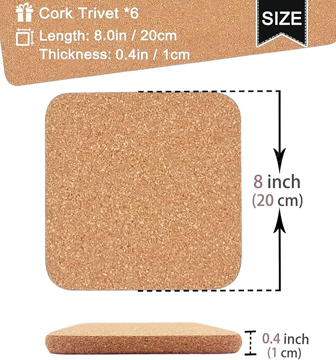 Cork Trivet, 6 Pcs High Density Thick Square Trivets for Hot Dishes, 8 Inch Heat Resistant Multifunctional Coaster, Hot Pads for Table & Countertop