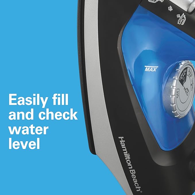 Hamilton Beach 2-in-1 Steam Iron for Clothes and Garment Steamer with 5 Temperature Settings, Nonstick Soleplate, 1200 Watts, 8’ Cord, Black & Blue (14525F)