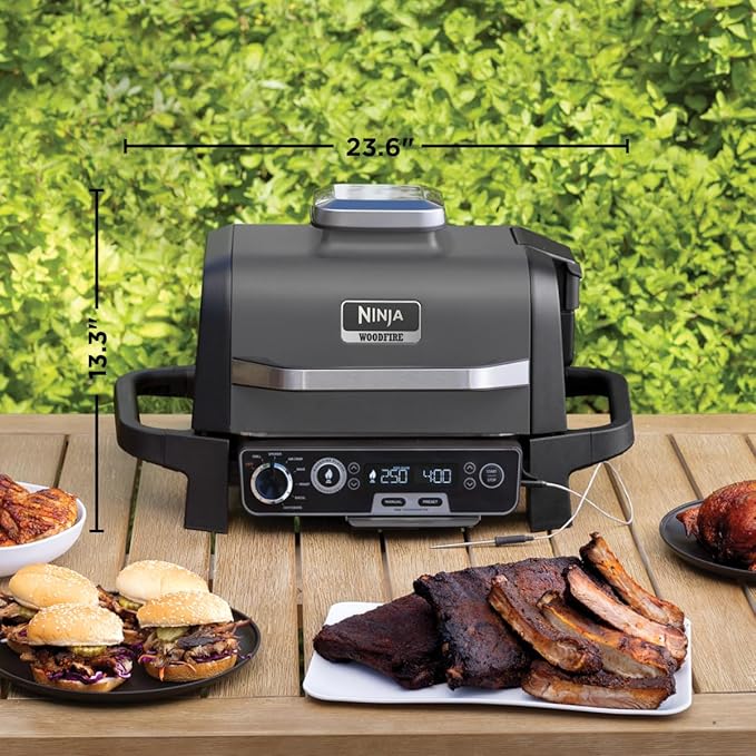Ninja OG751 Woodfire Pro Outdoor Grill Built-In Thermometer,7-in-1 Master Grill,BBQ Smoker,& Outdoor Air Fryer Plus Bake,Roast,Dehydrate & Broil,Woodfire Technology,Weather-Resistant,Grey XL