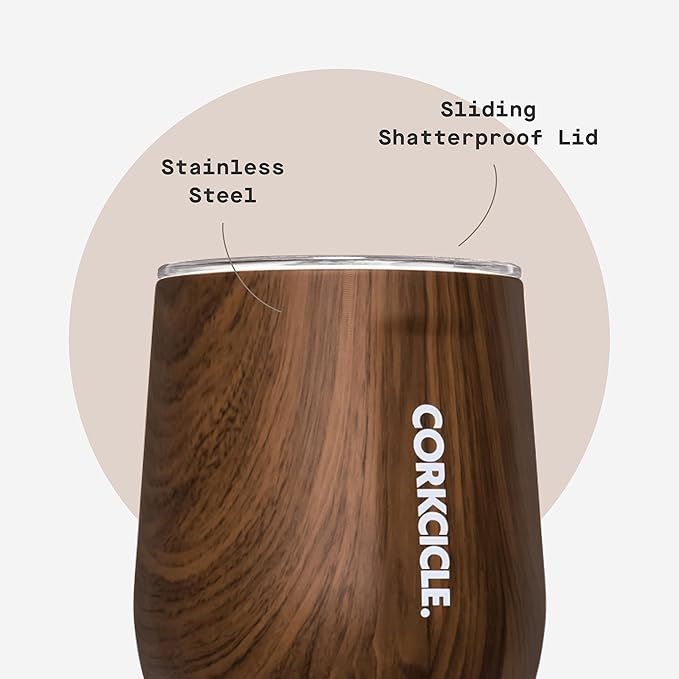 Corkcicle Stemless Insulated Wine Glass Tumbler - Keeps Beverages Cold 6 Hrs Hot 3 Hrs - Stainless Steel - Easy-Grip - Summer Drinkware Gift - Keeps Drinks Ice Cold - 12 oz - Walnut Wood