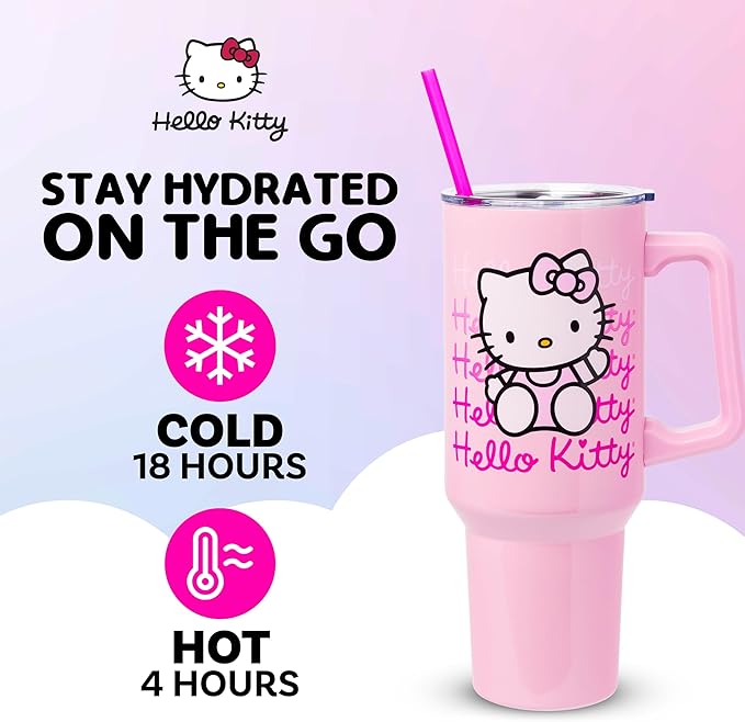 Silver Buffalo Sanrio Hello Kitty Waving Stainless Steel Tumbler with Handle and Straw, Fits in Standard Cup Holder, 40 Ounces