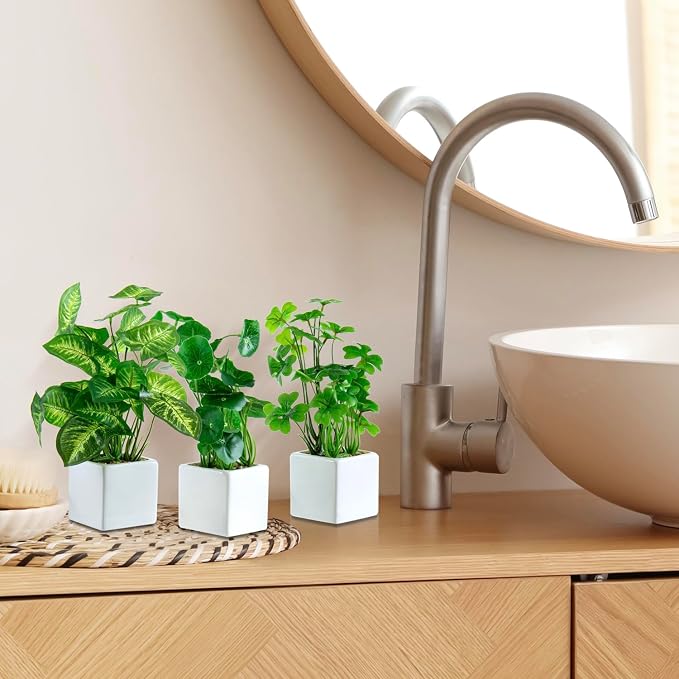 MyGift Set of 3 Artificial Plants, Faux Potted Plants Indoor, Small Fake House - Image 3