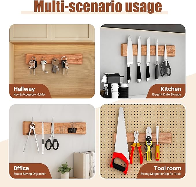 Magnetic Knife Strip, 16 Inch Magnetic Knife Holder for Wall with N52 Strong Magnets, Premium Oak Wooden Knife Magnetic Strip Organizer for Kitchen Knives & Tools,No Drilling