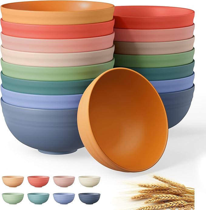 Quatish 16 PCS Unbreakable Cereal Bowls,Dishwasher & Microwave Safe Wheat Straw Bowls, Easy-to-Clean Lightweight Snack & Soup Bowl,Multi-Color Portable for Picnics Plastic Bowls Set, Multi