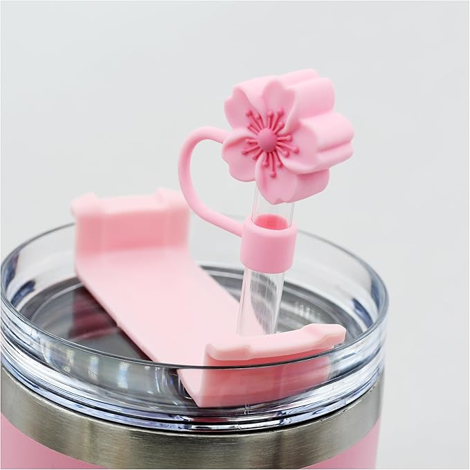 3pcs Cherry Blossom Silicone Straw Cover Cap for Stanley Cup,Straw Topper 10 mm 0.4 in Reusable Straw Tips Lids,Flower Straw Tip Covers Gift for Party Decor