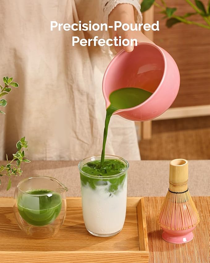 Maestri House Matcha Whisk Set, 7 Pcs Complete Matcha Kit with Spouted Ceramic Bowl, Bamboo Whisk & Holder, Scoop & Sifter, Tea Cloth – Ideal Gift for Matcha Lovers(Pink)