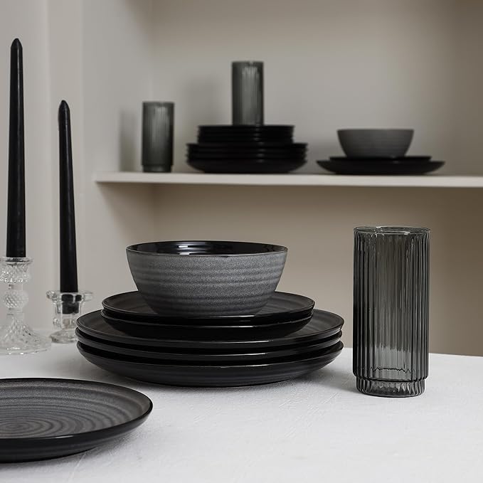 Stone Lain Dua 16-Piece Dinnerware Set Stoneware, Borosilicate Glass, Black