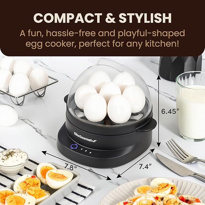 Elite Gourmet EGC587 EGGSYNC™ Voice Alerts Easy Egg Cooker, 7-Egg Capacity, Soft, Medium, Hard-Boiled Settings, Measuring Cup with Piercing Pin, Auto Shut-Off, BPA-Free