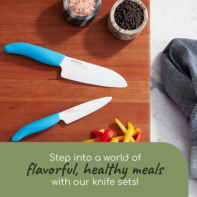 KYOCERA Revolution 2-Piece Ceramic Knife Set: Chef Knife For Your Cooking Needs, 5.5" Santoku and 4.5" Utility Knife, White Blades with Blue Handles, White/Blue