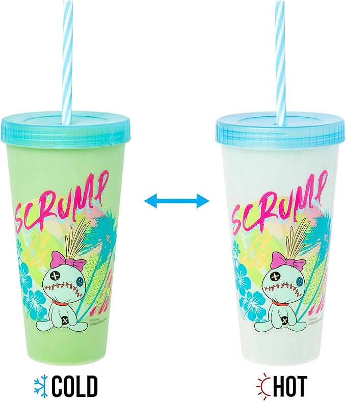 Silver Buffalo Disney Lilo and Stitch Tropical Character Poses 4 Pack Color Changing Plastic Tumbler with Lid and Reusable Straw, 24 Ounce