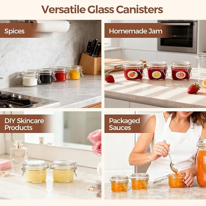 ComSaf 4oz Small Airtight Glass Jars Set of 12 with Lids Food Storage Jar Round, Mason Jar, Mini Storage Container with Clear Preserving Seal Wire Clip Fastening for Kitchen Canning, Jam, Spice, Honey