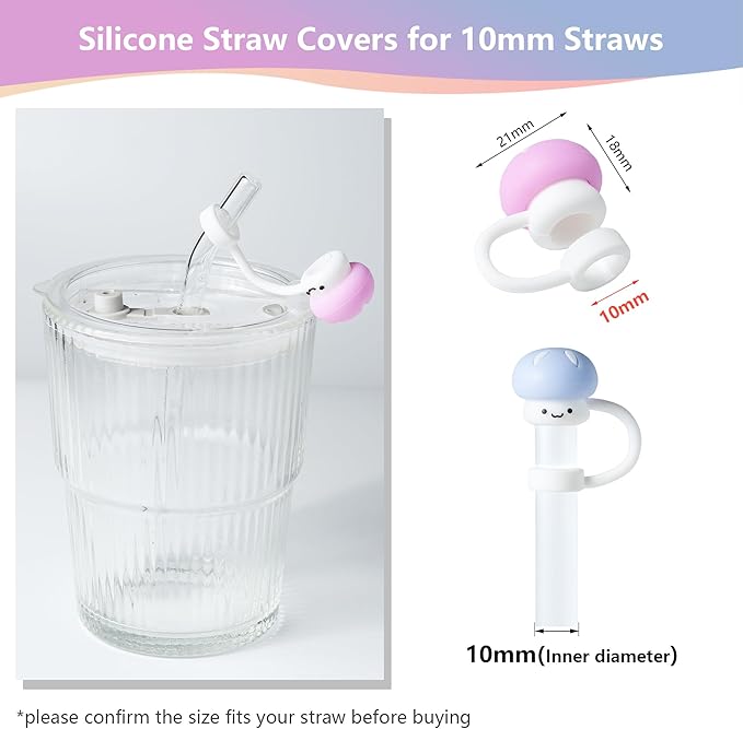 6Pcs Cute Mushroom Straw Cover Cap for Stanley Cup Decor, 10mm Reusable Cute Pink Drinking Straw Topper Accessories for, Portable Protector Plugs Decorations Gifts for Kids Party Favors