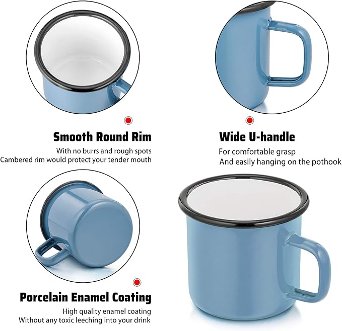 P&P CHEF Enamel Camping Coffee Mug Set of 6, Small Colored Mugs Cups for Family Gathering/Friend Party/Camping/Picnic/Fishing, Lightweight & Portable -12 Ounce, 350ML & Blue
