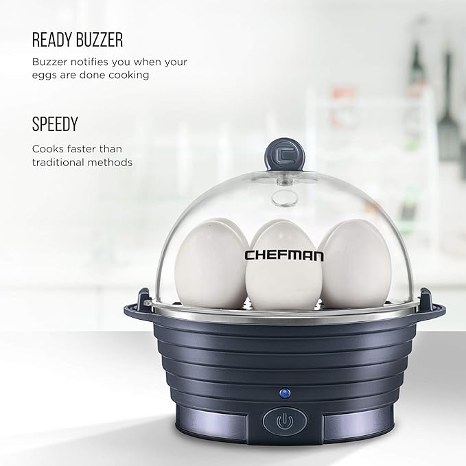 Chefman Electric Egg Cooker Boiler, Rapid Poacher, Food & Vegetable Steamer, Quickly Makes Up To 6, Hard, Medium or Soft Boiled, Poaching/Omelet Tray Included, Ready Signal, BPA-Free, Midnight Blue