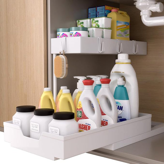 NATURE'S SOURCE Under Sink Organizers, Sliding L-shape Cabinet Organizers Narrow Space Storage Multi-purpose Sink Organizer Baskets with 4 Hook for Bathroom Kitchen Drawer (White, 1 pack)