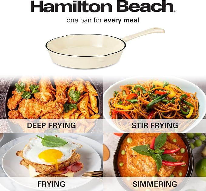 Hamilton Beach Enameled Cast Iron Fry Pan 10-Inch Cream, Cream Enamel Coating, Skillet Pan for Stove Top and Oven