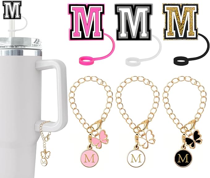 （3 +3) Nuozme Straw Cover Compatible with Stanley Tumbler Cup 3PCS Letter Straw Caps Toppers with 3 Initial Butterfly Charms Name ID For Stanley 30&40 Oz Cup