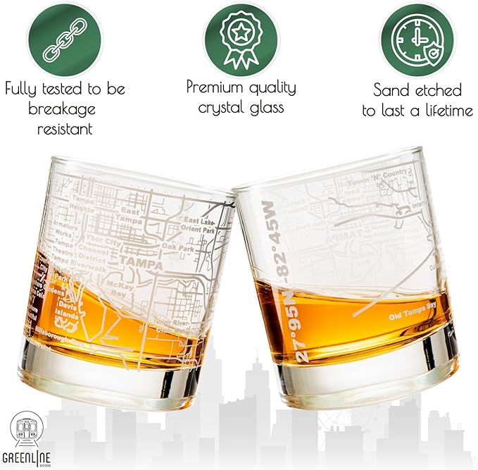 Greenline Goods Whiskey Glasses - 10 Oz Tumbler Gift Set for Tampa lovers, Etched with Tampa Map Old Fashioned Rocks Glass - Set of 2