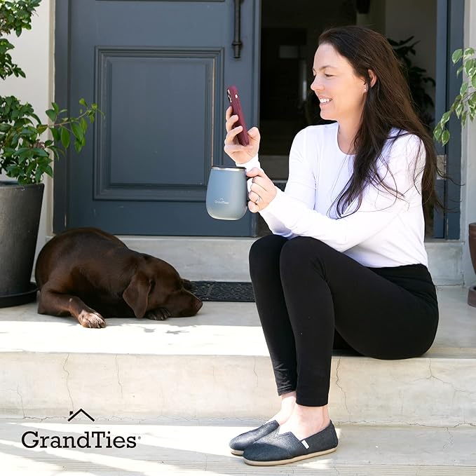 GRANDTIES Insulated Coffee Mug with Handle - Sliding Lid for Splash-Proof 16oz Wine-Glass Shape Thermal Tumbler with Double Walled Vacuum Stainless Steel to Keeps Beverages Hot or Cold-Stone Grey