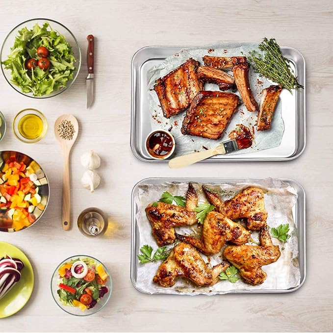 TeamFar Toaster Oven Pans Set of 2, Stainless Steel Compact Toaster Oven Tray Ovenware, 10.5'' x 8'' x 1'', Non-Toxic & Healthy, Easy Clean & Dishwasher Safe, Roll Edge & Mirror Finish