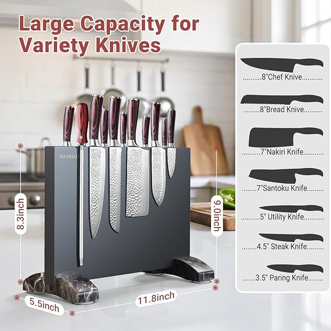 Magnetic Knife Block, Magnetic Kitchen Knife Holder Stand with Strong Magnet Strip for Kitchen Counter, Stainless Steel Double-Sided Universal Knife Storage Rack Organizer Without Knives-Black