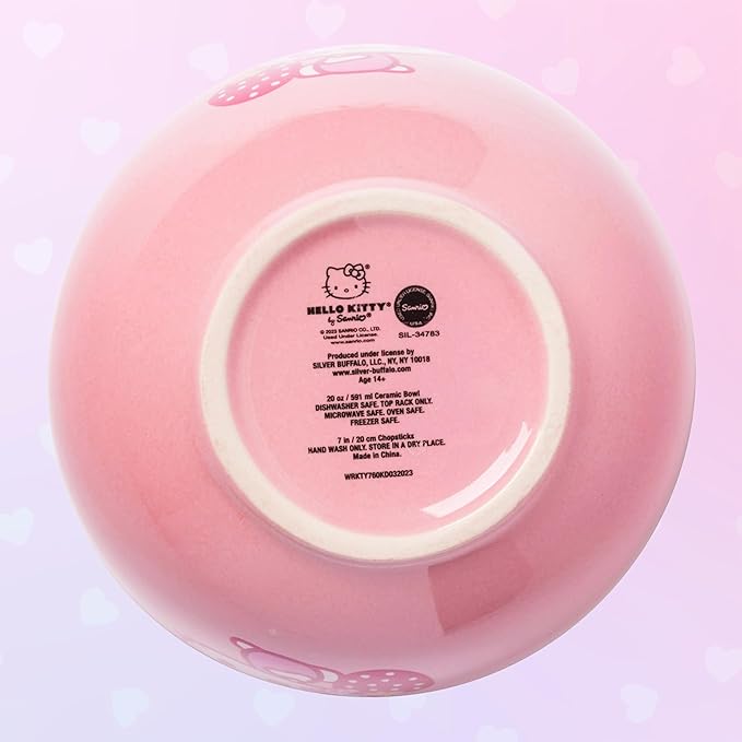 Silver Buffalo Sanrio Hello Kitty Strawberry Milk Japanese Character Ceramic Ramen Noodle Rice Bowl with Chopsticks, Microwave Safe, Pink, 20 Ounces