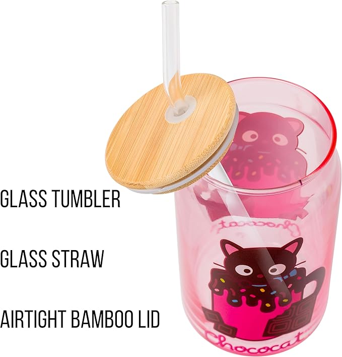 Silver Buffalo Sanrio Hello Kitty & Friends Chococat Chocolate Pink Glass Jar Tumbler with Bamboo Lid and Glass Straw, 16 Ounces (Pack of 12)