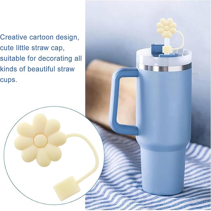 Flower Straw Cover Cap for Stanley Cup Silicone Straw Topper Compatible with 30&40 Oz Tumbler with Handle,Straw Tip Covers 10mm 0.4in for Straw Tip Covers (4pcs Beige flower)