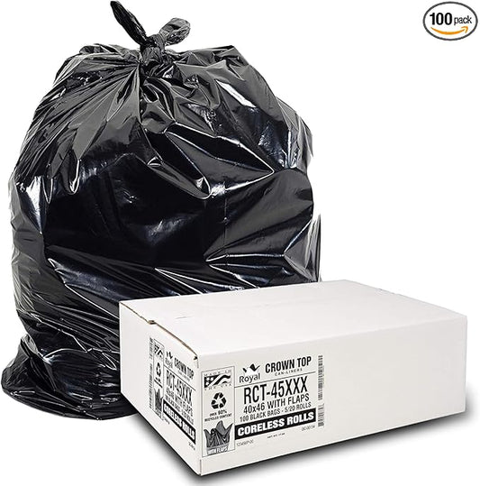 Heavy Duty 45 Gallon Trash Bags - (Huge 100 Pack/w Flap Ties) - 2.0 MIL (Equivalent) 40" x 46" Star Seal Bottom Thick Garbage Bags for Contractors, Lawn, Leaf, Yard Waste Commercial Kitchen