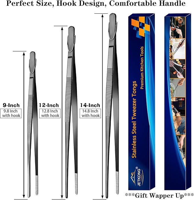 JETKONG Extra Long Kitchen Tweezers Heavy Duty Stainless Steel Cooking Tweezers, Set of 3 (9 12 14 Inch, Black)