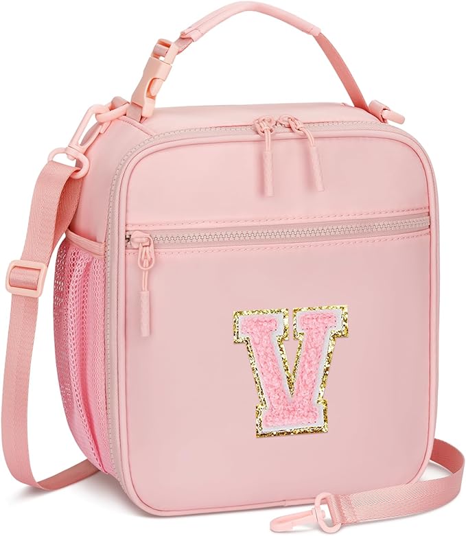 Initial Insulated Lunch Bag for Girls Kids, Back to School Gift, Reusable Leak-proof Lunch Box with Adjustable Strap for School Daycare Travel Picnic (Pink,V)