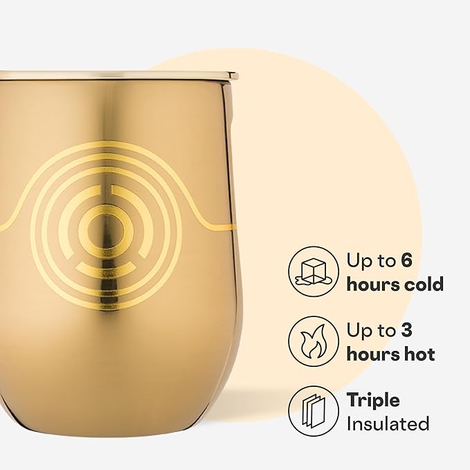 Corkcicle Stemless Insulated Wine Glass Tumbler - Keeps Beverages Cold 6 Hours & Hot 3 Hours - Stainless Steel - Easy-Grip - Summer Drinkware Gift - Keeps Drinks Ice Cold - 12 oz - C-3PO