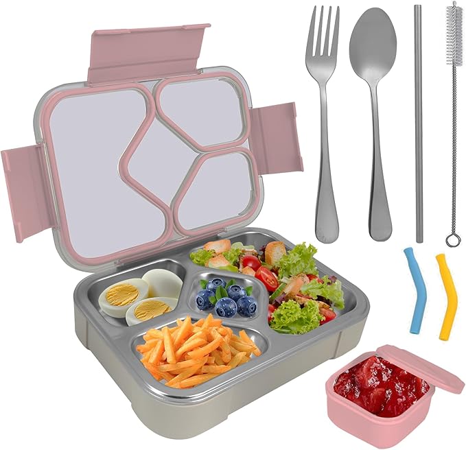 QIBONGS-Stainless Steel Tray Bento Lunch Box with Sauce Cup Drop-Proof, Leak-Proof 4 Compartments Container for Work, Travel, Dishwasher Safe, Made with Food-Safe Materials (Pink)