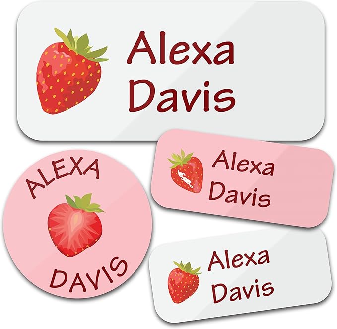 Personalized Daycare Name Labels for Kids (130 Labels) - Custom Waterproof Name Stickers for Clothing Tags, Water Bottles, Lunch Boxes and School Supplies (Strawberry)