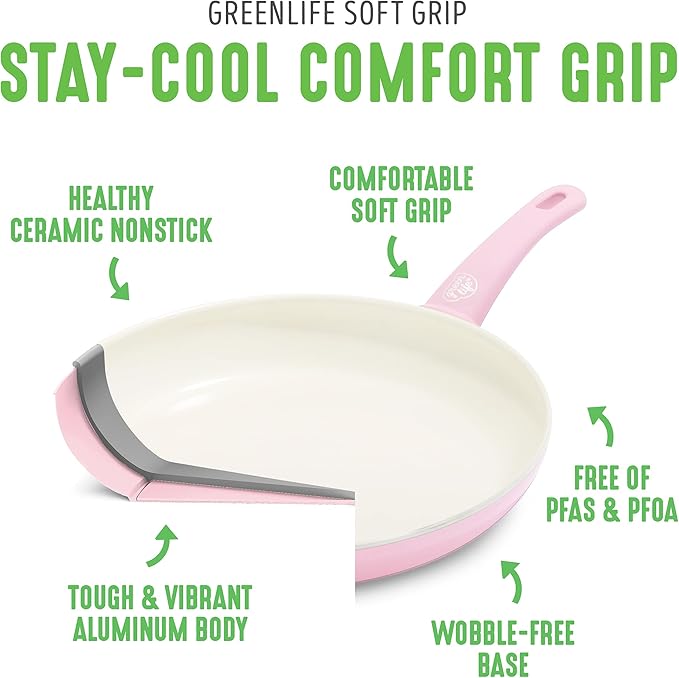 GreenLife Soft Grip Healthy Ceramic Nonstick, 12" Frying Pan Skillet with Lid, PFAS-Free, Dishwasher Safe, Pink