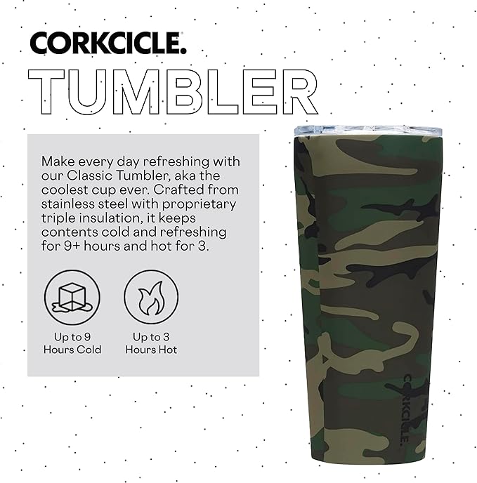 Corkcicle Classic Tumbler - Insulated Stainless Steel Travel Cup - Cold & Hot Drinks - Reusable - Durable - Spill Proof Lid - Non-Slip Silicone Base - Easy Grip - BPA Free - 24 oz - Woodland Camo