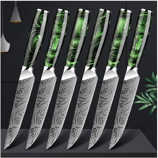 6-Piece Premium Japanese Kitchen Knife Set - Imperial Collection, Laser Damascus Pattern, 440A Stainless Steel Ultra Sharp for Fast Cutting (Green 6SK)