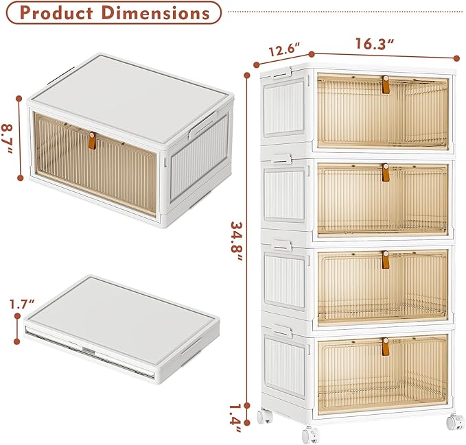 4 Tier Stackable Storage Bins with Lids, 28Qt Plastic Storage Containers with Magnetic Doors & Wheels, Convenient Storage Bins Closet Organizers, Household Organization for Home, Party, Office, Dorm