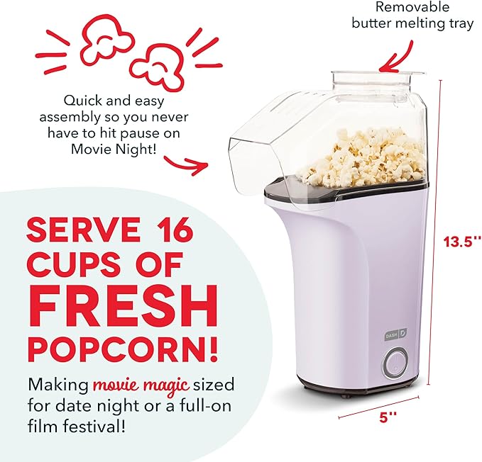 DASH Hot Air Popcorn Popper Maker with Measuring Cup to Portion Popping Corn Kernels + Melt Butter, 16 Cups - Lavender